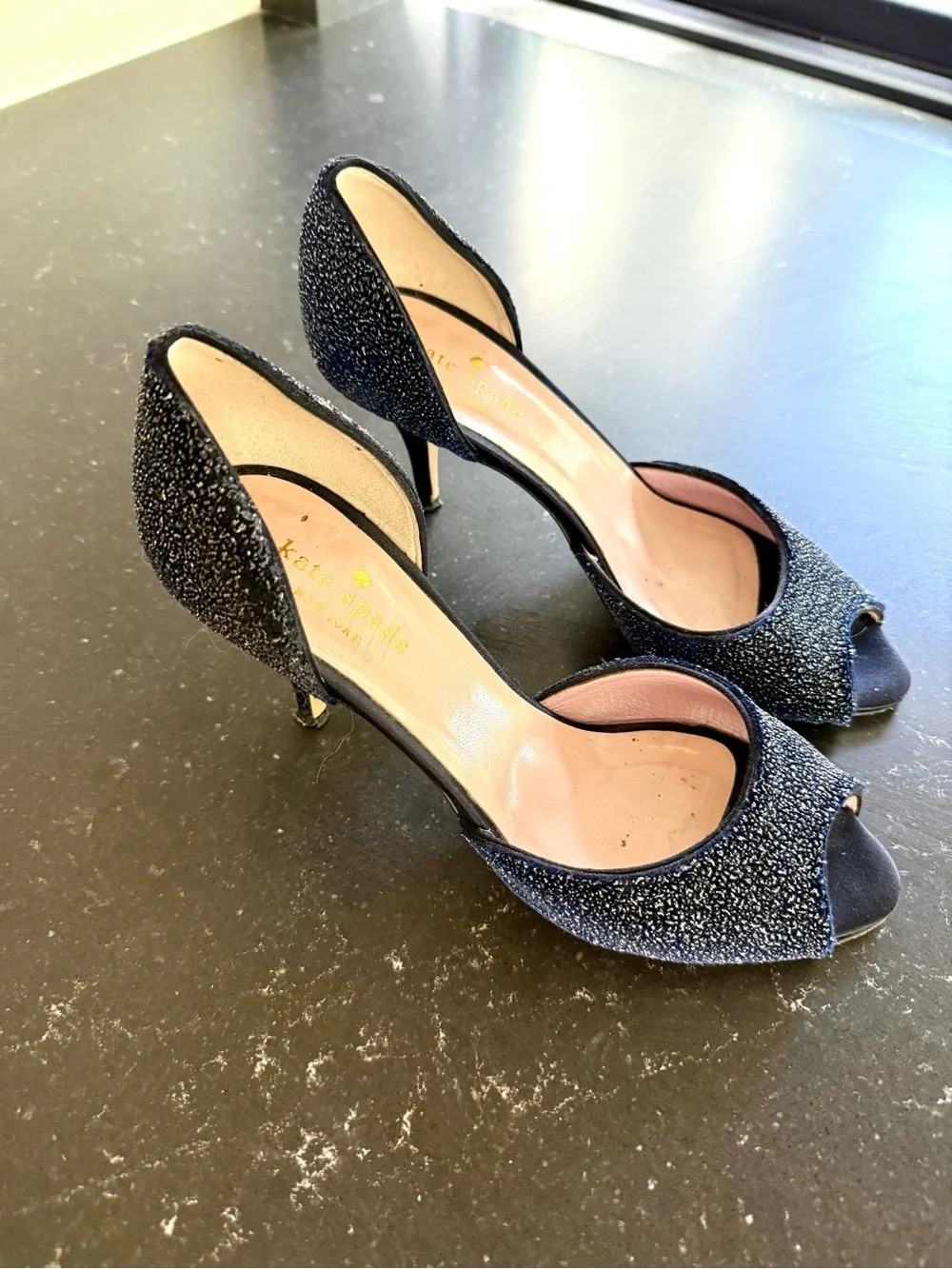 kate spade Navy Glitter D'Orsay Peep-Toe Heels